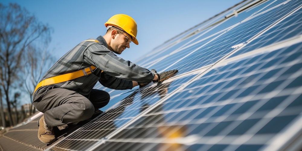 Person installing a solar panel. 